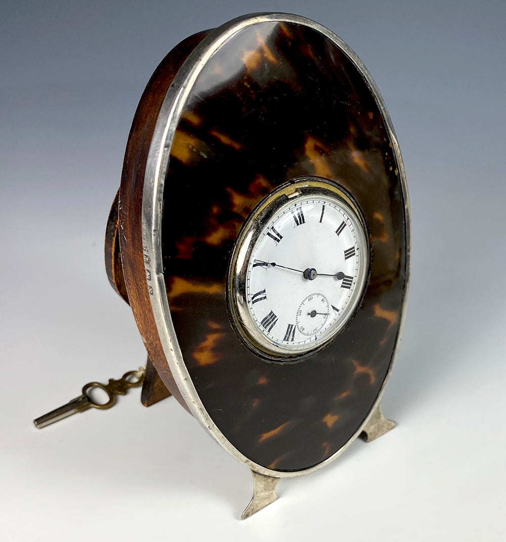 Fine Antique English Sterling Silver Tortoise Shell 1890 Travel Desk Clock, Swiss Movement is Working, w Key