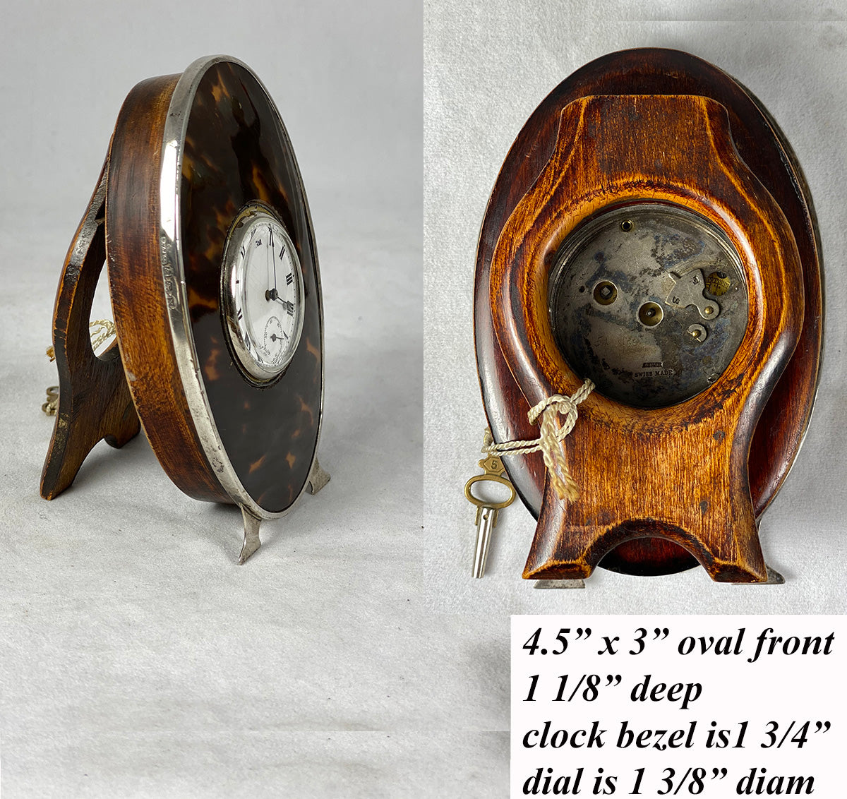 Fine Antique English Sterling Silver Tortoise Shell 1890 Travel Desk Clock, Swiss Movement is Working, w Key