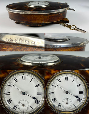 Fine Antique English Sterling Silver Tortoise Shell 1890 Travel Desk Clock, Swiss Movement is Working, w Key