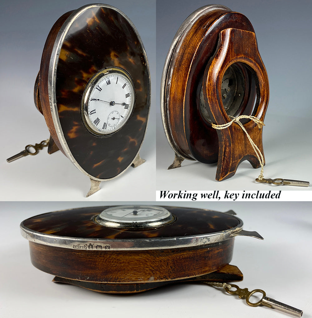 Fine Antique English Sterling Silver Tortoise Shell 1890 Travel Desk Clock, Swiss Movement is Working, w Key