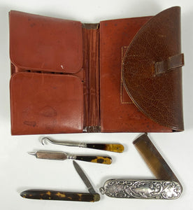 Antique Edwardian Era Wallet has Mustache Comb, Pocket Knife, Vanity, Tortoise Shell Handles