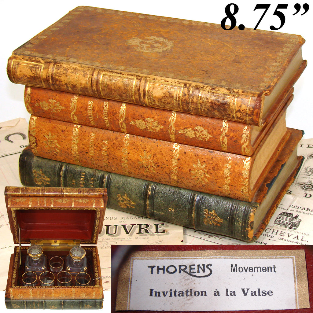 Vintage French "Leather Bound Books" Musical Hidden Bar, Tantalus, Caddy, 2 Decantesr & 5 Cups