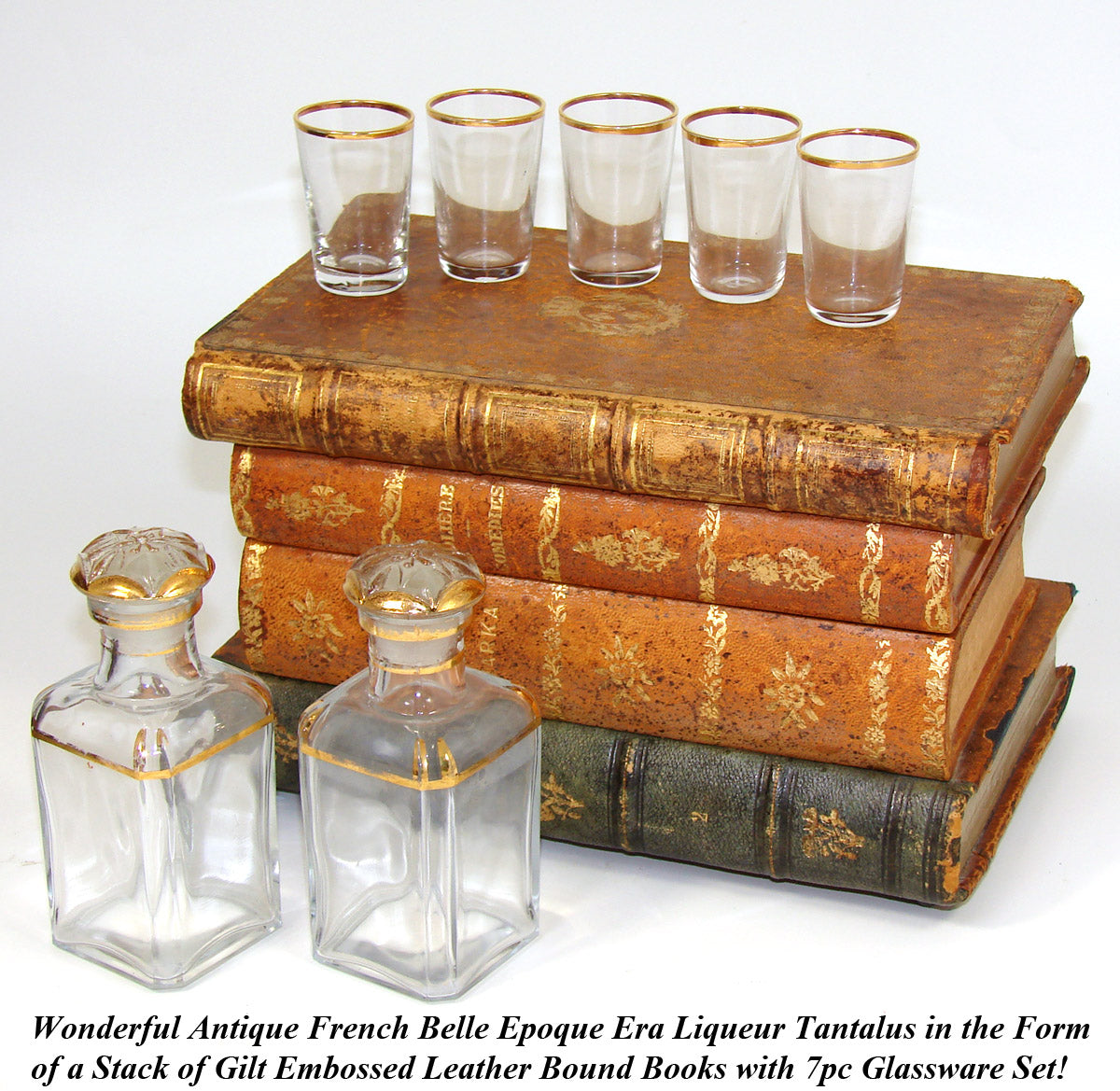 Vintage French "Leather Bound Books" Musical Hidden Bar, Tantalus, Caddy, 2 Decantesr & 5 Cups