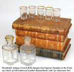 Vintage French "Leather Bound Books" Musical Hidden Bar, Tantalus, Caddy, 2 Decantesr & 5 Cups