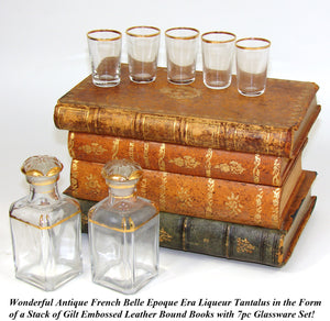 Vintage French "Leather Bound Books" Musical Hidden Bar, Tantalus, Caddy, 2 Decantesr & 5 Cups