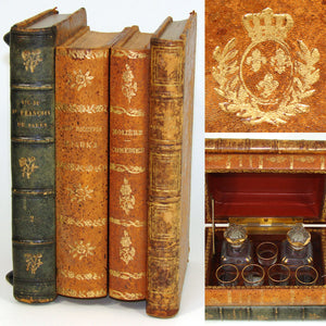 Vintage French "Leather Bound Books" Musical Hidden Bar, Tantalus, Caddy, 2 Decantesr & 5 Cups