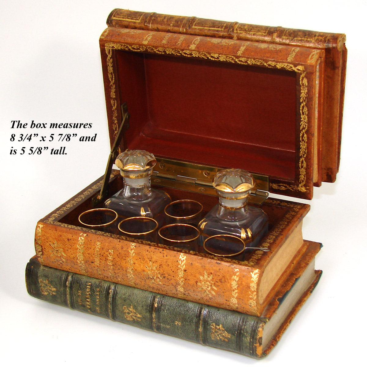 Vintage French "Leather Bound Books" Musical Hidden Bar, Tantalus, Caddy, 2 Decantesr & 5 Cups