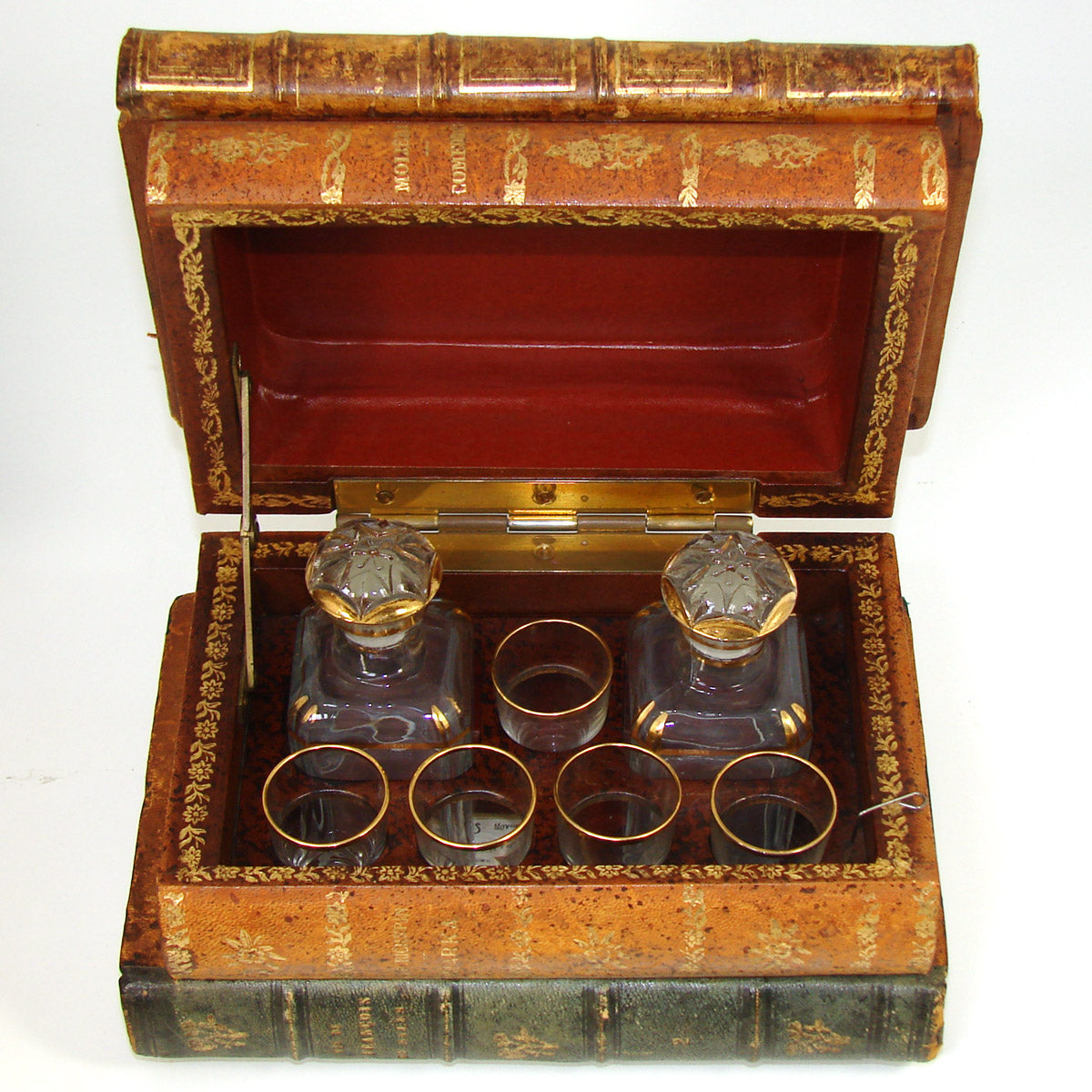 Vintage French "Leather Bound Books" Musical Hidden Bar, Tantalus, Caddy, 2 Decantesr & 5 Cups