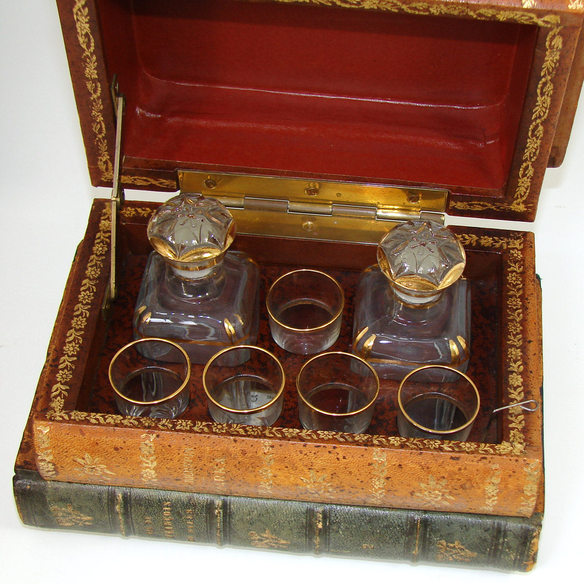 Vintage French "Leather Bound Books" Musical Hidden Bar, Tantalus, Caddy, 2 Decantesr & 5 Cups