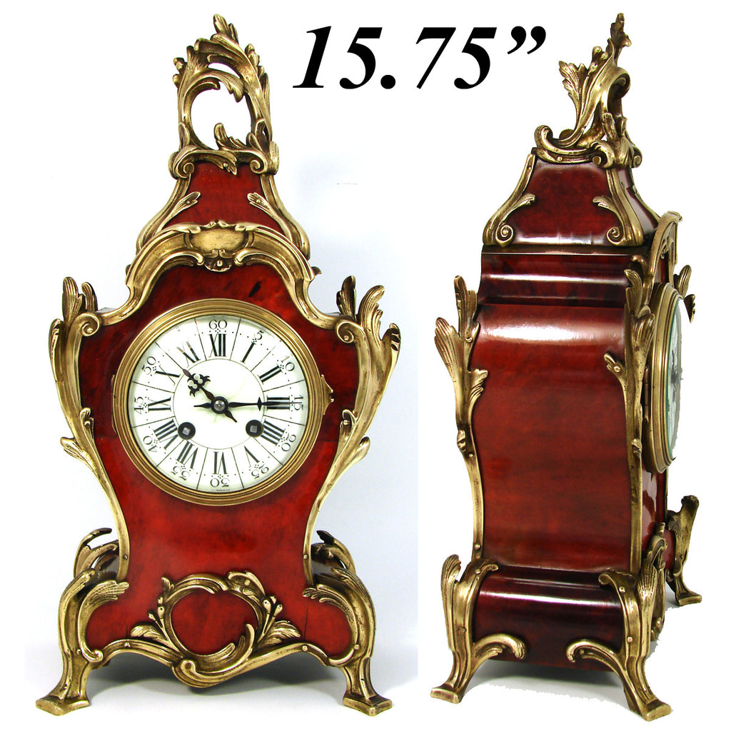 Superb Antique French Boulle Mantel Clock, 15.75" Tall, Ornate Bronze Accenting