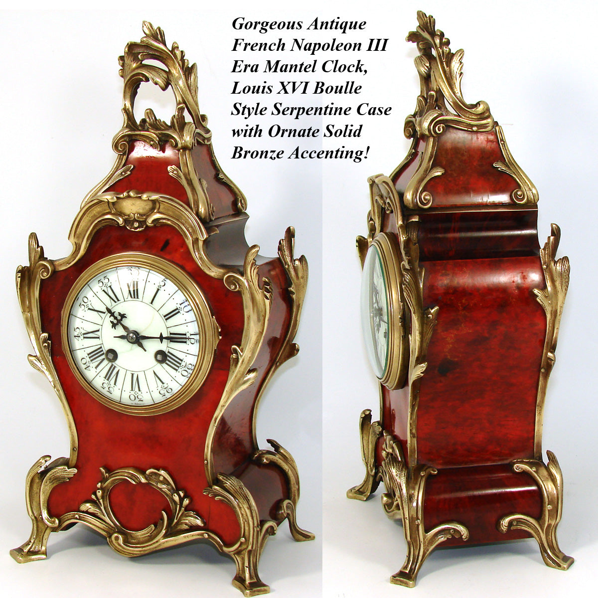 Superb Antique French Boulle Mantel Clock, 15.75" Tall, Ornate Bronze Accenting