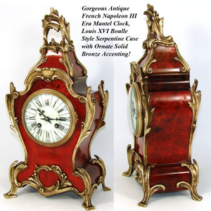 Superb Antique French Boulle Mantel Clock, 15.75" Tall, Ornate Bronze Accenting