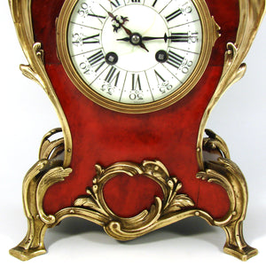 Superb Antique French Boulle Mantel Clock, 15.75" Tall, Ornate Bronze Accenting