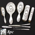 Antique French Hallmarked Silver Louis XVI Style 8pc Vanity Mirror & Brush Set, Gorgeous!