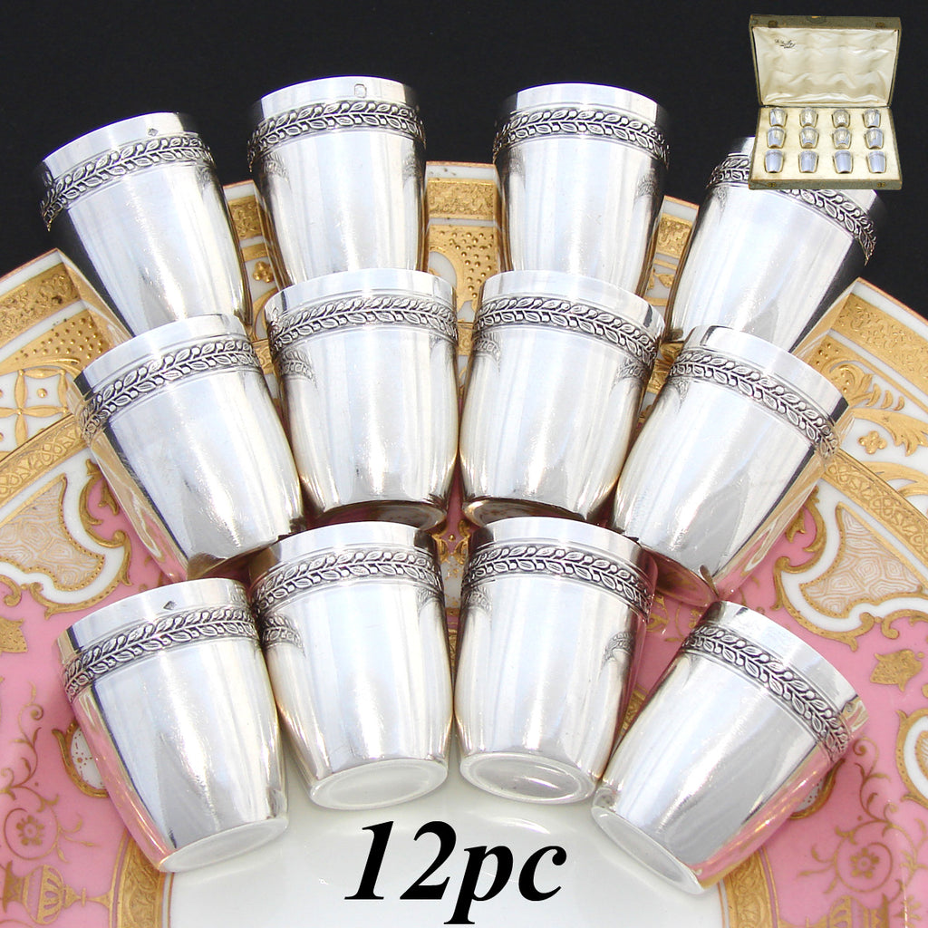 Antique French Sterling Silver 12pc Aperitif or Shot Glass Set, Empire Revival, Original Box