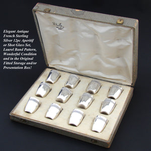 Antique French Sterling Silver 12pc Aperitif or Shot Glass Set, Empire Revival, Original Box