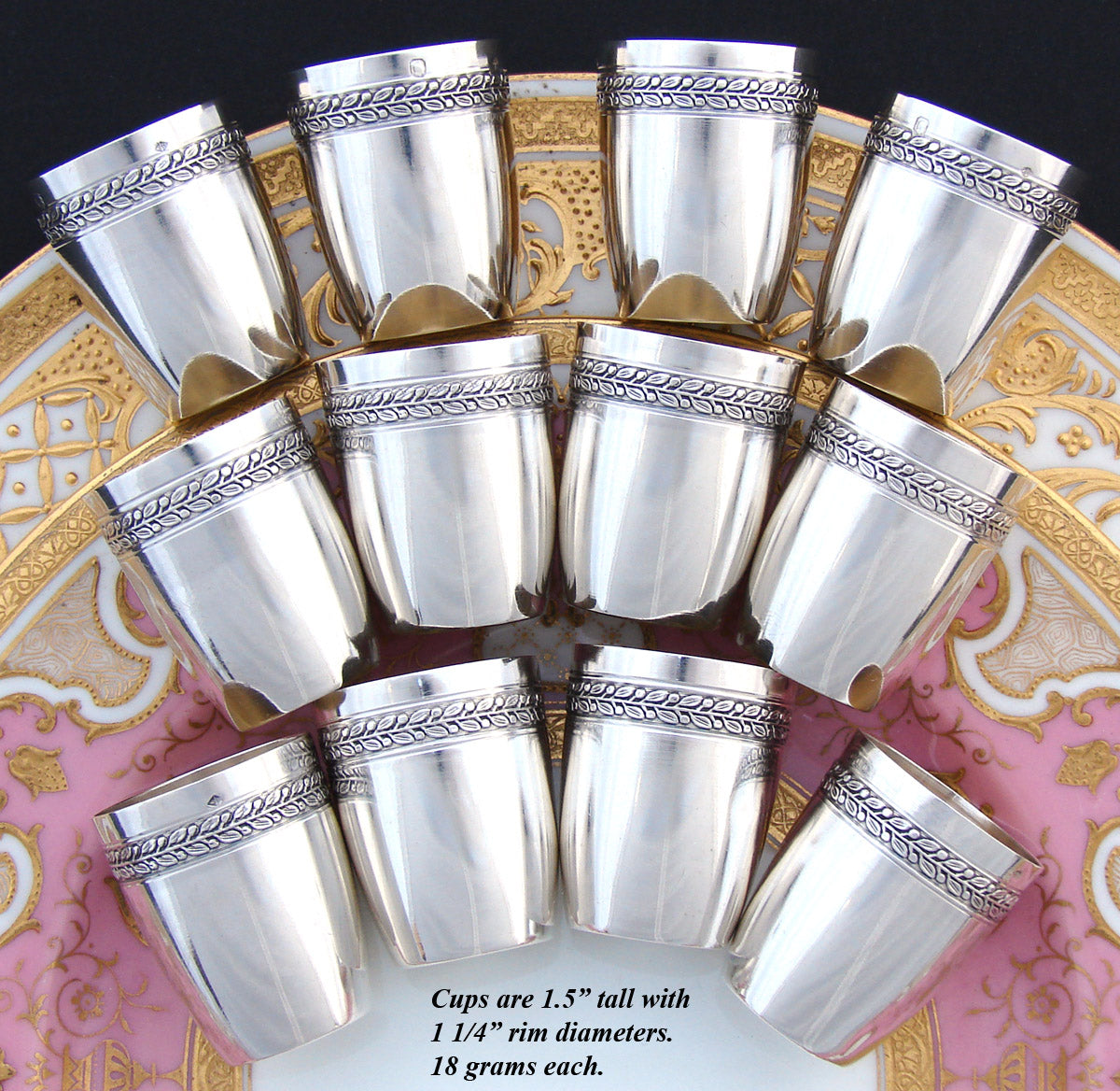 Antique French Sterling Silver 12pc Aperitif or Shot Glass Set, Empire Revival, Original Box