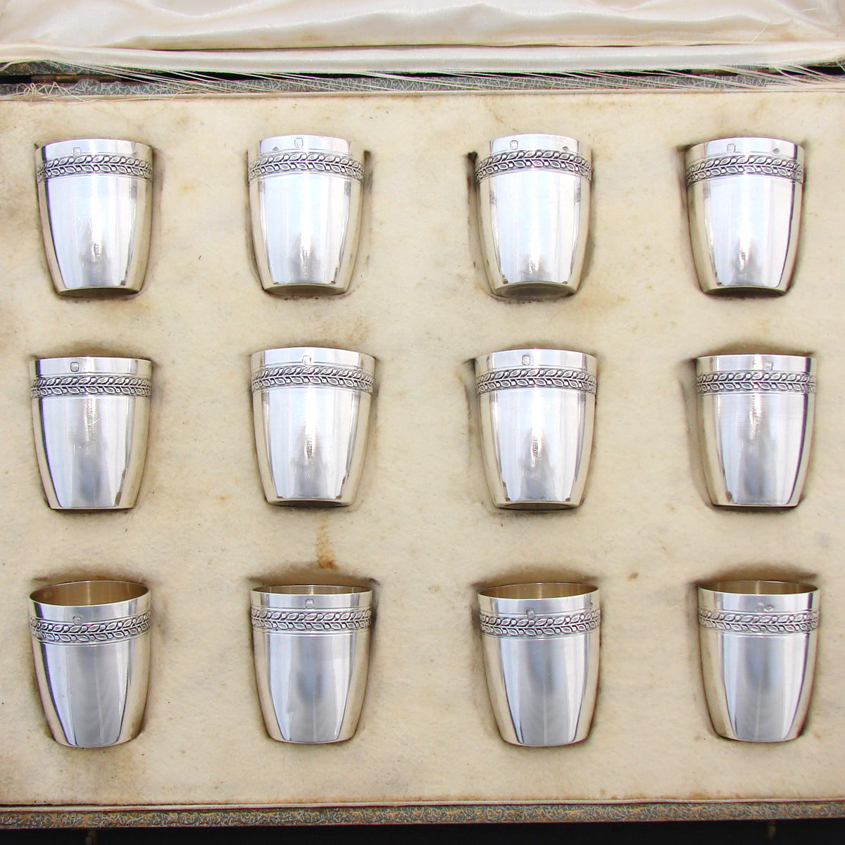 Antique French Sterling Silver 12pc Aperitif or Shot Glass Set, Empire Revival, Original Box