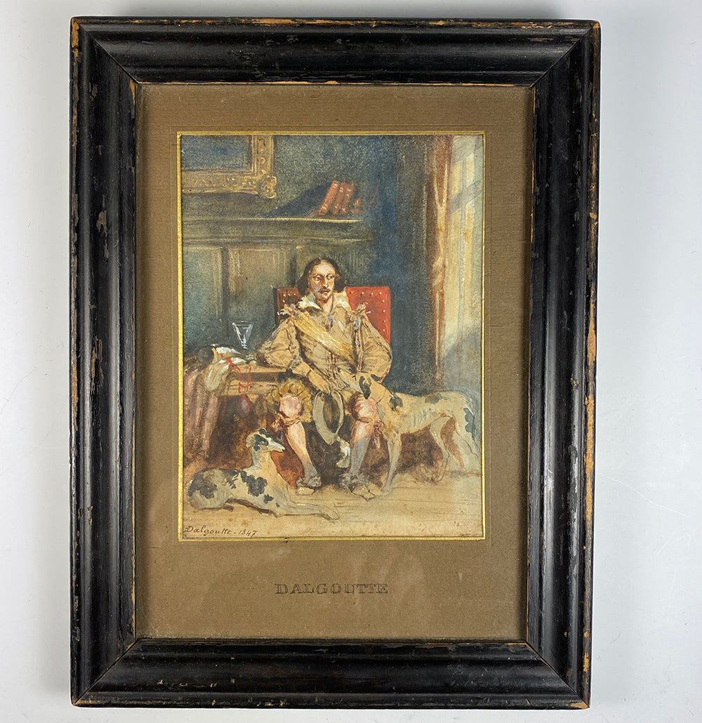 Antique 1847 Signed French Watercolor Portrait Miniature, Man, 2 Dogs, Hounds, in Frame