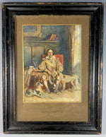Antique 1847 Signed French Watercolor Portrait Miniature, Man, 2 Dogs, Hounds, in Frame