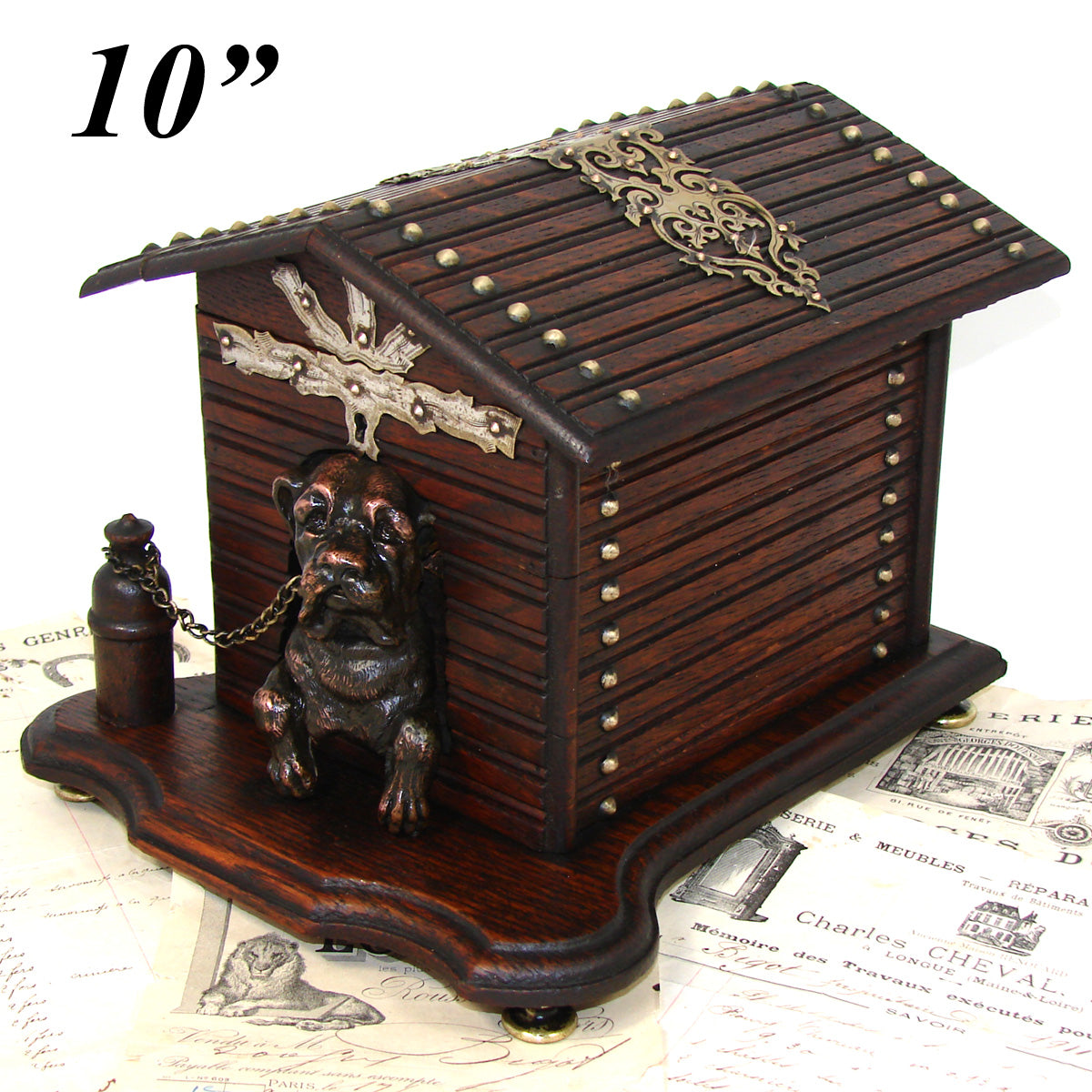 Antique Victorian Era Oak Cigar Presenter or Tobacco Box, a Dog House w/ Bronze Patinated Dog