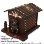 Antique Victorian Era Oak Cigar Presenter or Tobacco Box, a Dog House w/ Bronze Patinated Dog