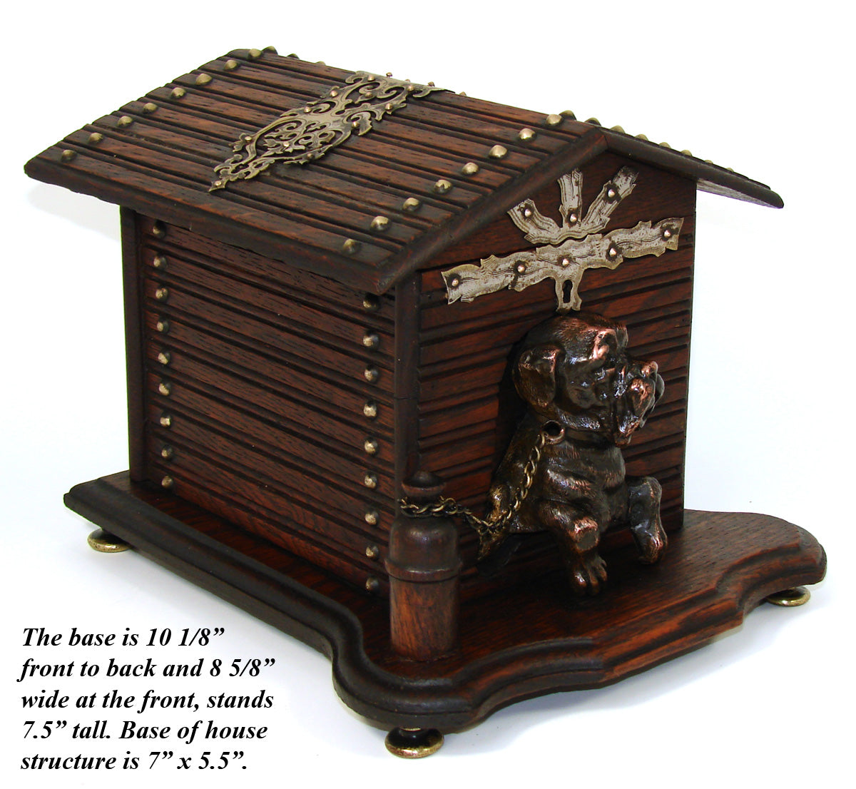 Antique Victorian Era Oak Cigar Presenter or Tobacco Box, a Dog House w/ Bronze Patinated Dog