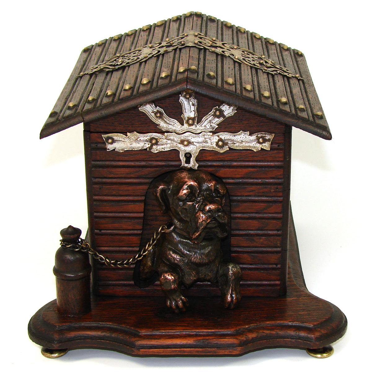 Antique Victorian Era Oak Cigar Presenter or Tobacco Box, a Dog House w/ Bronze Patinated Dog