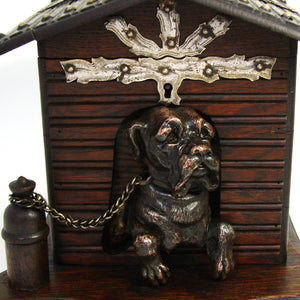 Antique Victorian Era Oak Cigar Presenter or Tobacco Box, a Dog House w/ Bronze Patinated Dog