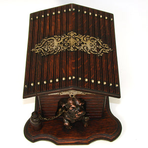 Antique Victorian Era Oak Cigar Presenter or Tobacco Box, a Dog House w/ Bronze Patinated Dog