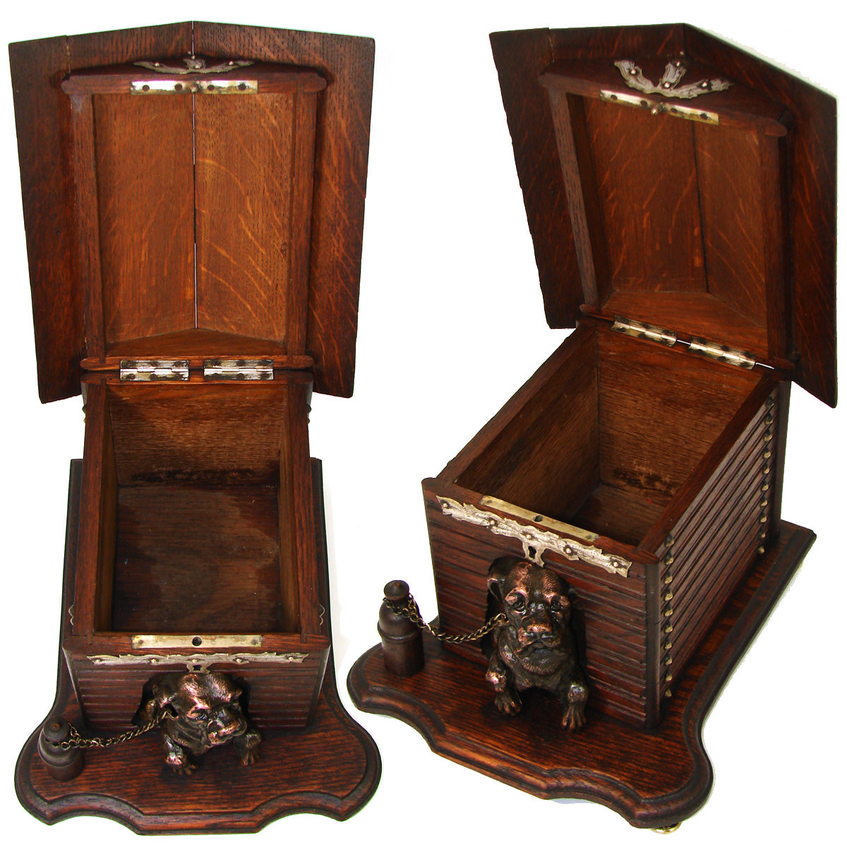 Antique Victorian Era Oak Cigar Presenter or Tobacco Box, a Dog House w/ Bronze Patinated Dog