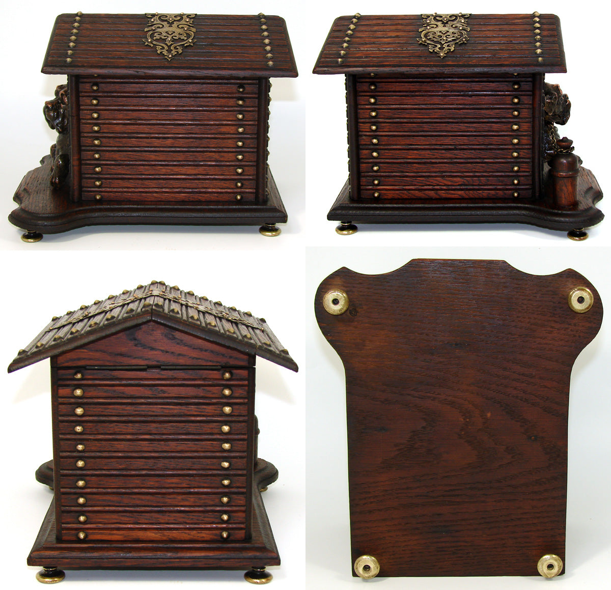 Antique Victorian Era Oak Cigar Presenter or Tobacco Box, a Dog House w/ Bronze Patinated Dog