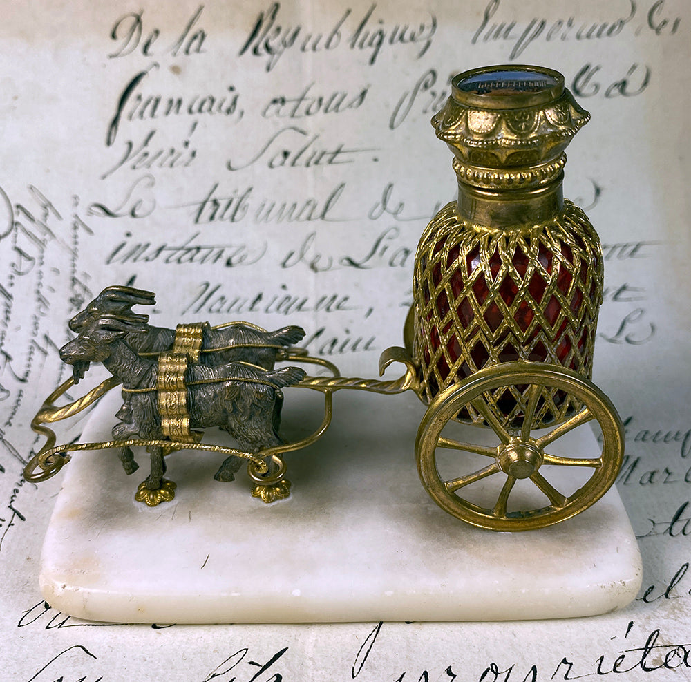 Antique French Eglomise Grand Tour Souvenir Goat Cart w Perfume Bottle, Cranberry Glass