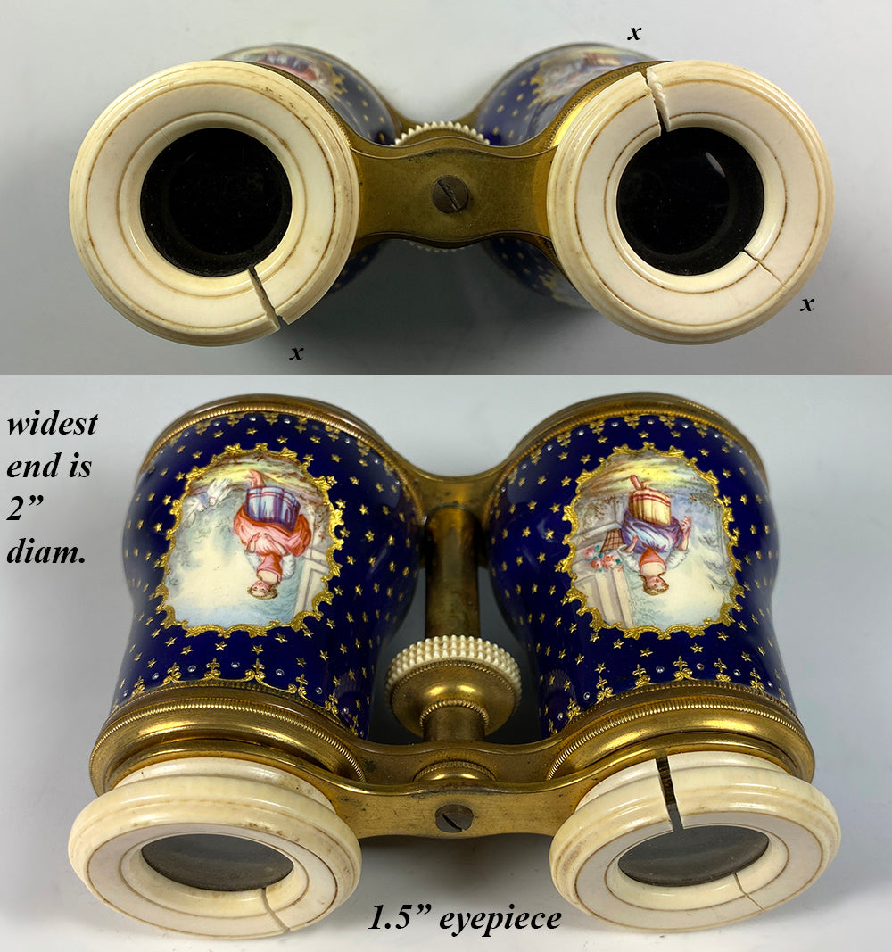 Antique French Kiln-fired Enamel Large Binoculars, Opera Glasses, Sevres Enamel