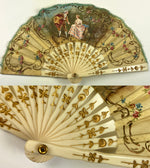 Mid-1900s Child's or Doll Fan, French Silk, Raised Gold Enamel, 4.25" Guard