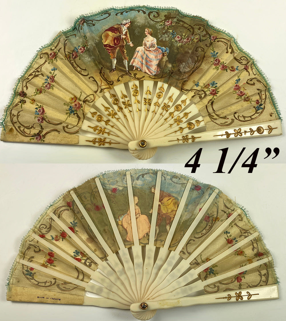 Mid-1900s Child's or Doll Fan, French Silk, Raised Gold Enamel, 4.25" Guard