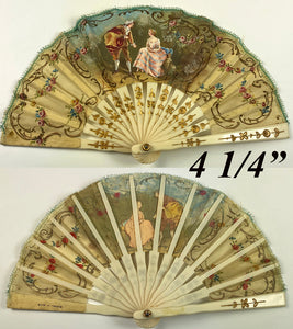 Mid-1900s Child's or Doll Fan, French Silk, Raised Gold Enamel, 4.25" Guard