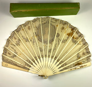 Antique French Forme Ballon Hand Fan, Hand Painted Silk by Ernest Rees, c.1890-1910, Paris