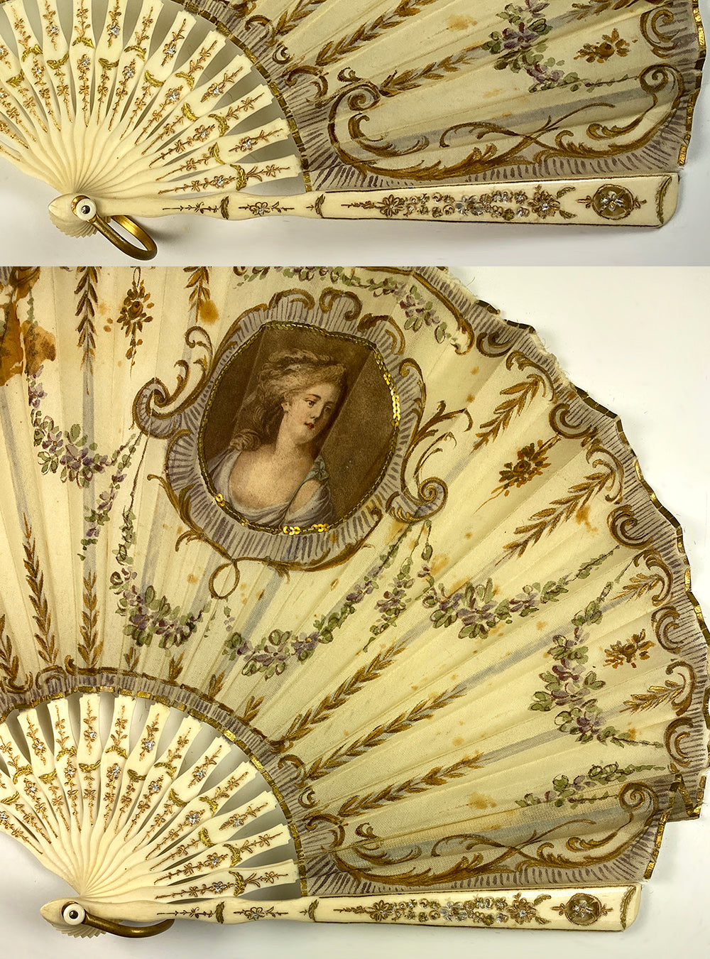 Antique French Forme Ballon Hand Fan, Hand Painted Silk by Ernest Rees, c.1890-1910, Paris