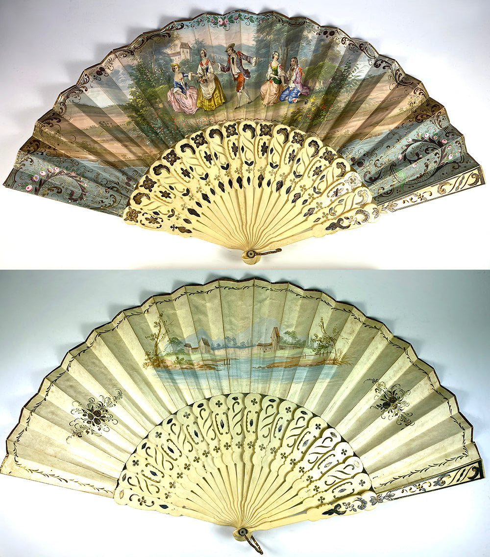 Superb Antique French Hand Painted Leaf Hand Fan, 10.5" Bone Guards, Silver Foil, in Box