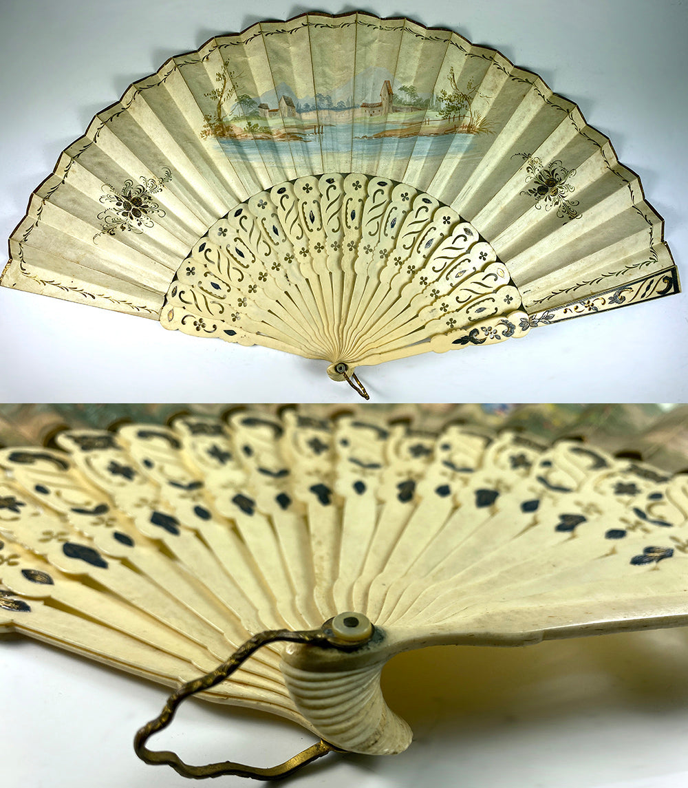 Superb Antique French Hand Painted Leaf Hand Fan, 10.5" Bone Guards, Silver Foil, in Box