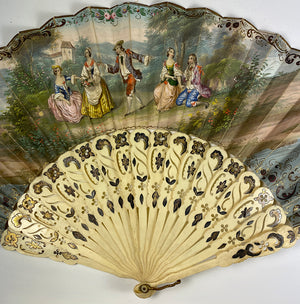 Superb Antique French Hand Painted Leaf Hand Fan, 10.5" Bone Guards, Silver Foil, in Box