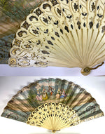 Superb Antique French Hand Painted Leaf Hand Fan, 10.5" Bone Guards, Silver Foil, in Box