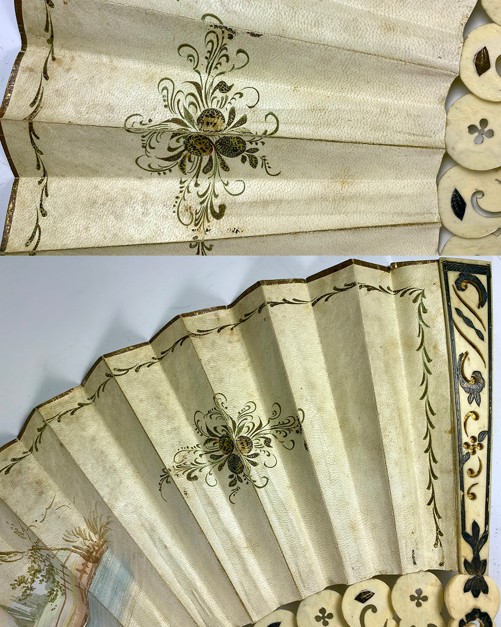 Superb Antique French Hand Painted Leaf Hand Fan, 10.5" Bone Guards, Silver Foil, in Box