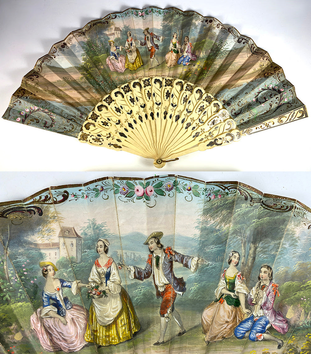 Superb Antique French Hand Painted Leaf Hand Fan, 10.5" Bone Guards, Silver Foil, in Box