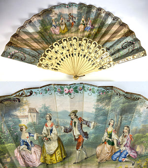 Superb Antique French Hand Painted Leaf Hand Fan, 10.5" Bone Guards, Silver Foil, in Box