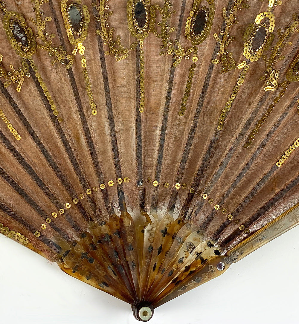 Antique French Empire Sequin, Silk and Tortoise Shell Pique Hand Fan, c.1800-1815