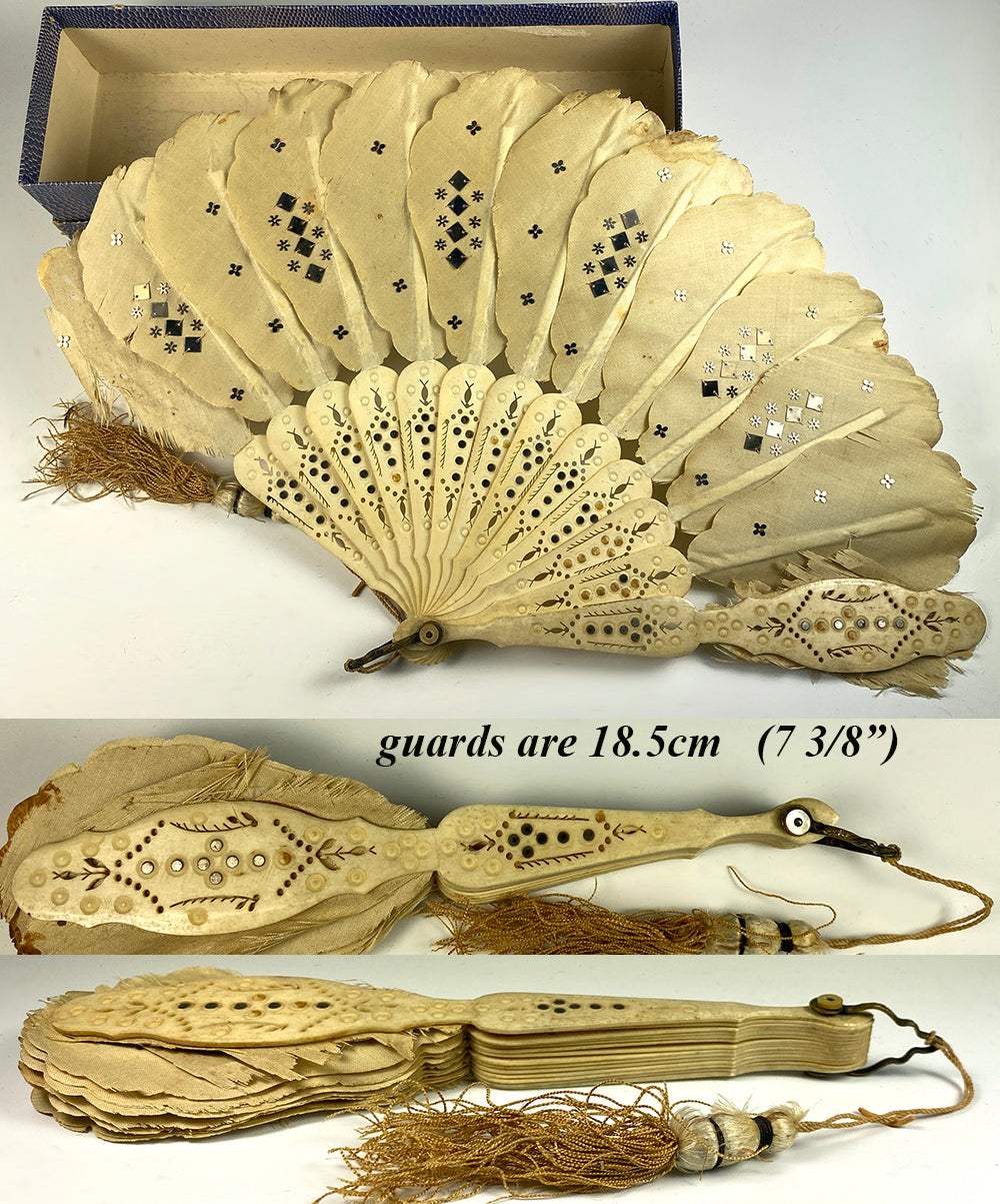 Antique mid Victorian Bone, Silk and Sequin Hand Fan, Jenny Lind Fashion, c.1860