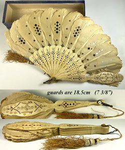 Antique mid Victorian Bone, Silk and Sequin Hand Fan, Jenny Lind Fashion, c.1860