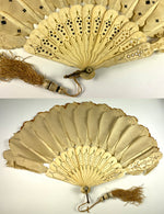 Antique mid Victorian Bone, Silk and Sequin Hand Fan, Jenny Lind Fashion, c.1860